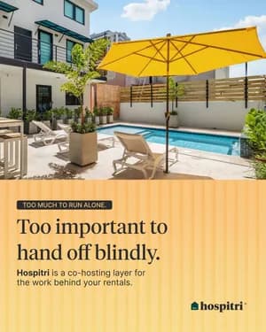 Anuncio de feed de Hospitri, “Too important to hand off blindly.”, con una sombrilla amarilla junto a una piscina