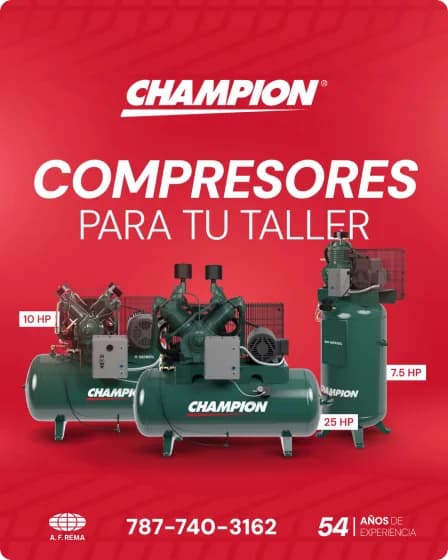Anuncio de A.F. Rema para compresores de aire Champion, “Compresores para tu taller”