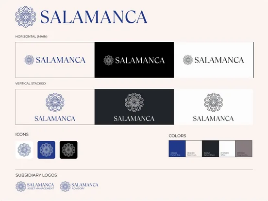 Hoja de marca de Salamanca con versiones del logo, íconos y colores
