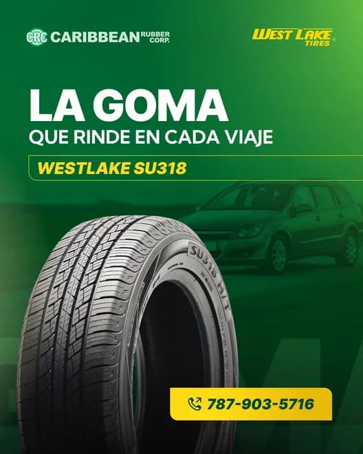 Anuncio de Caribbean Rubber para gomas Westlake SU318, “La goma que rinde en cada viaje”