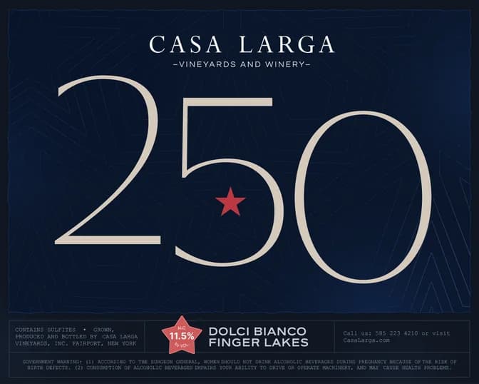Etiqueta de vino de Casa Larga para Dolci Bianco, Finger Lakes, con un gran 250 y una estrella roja