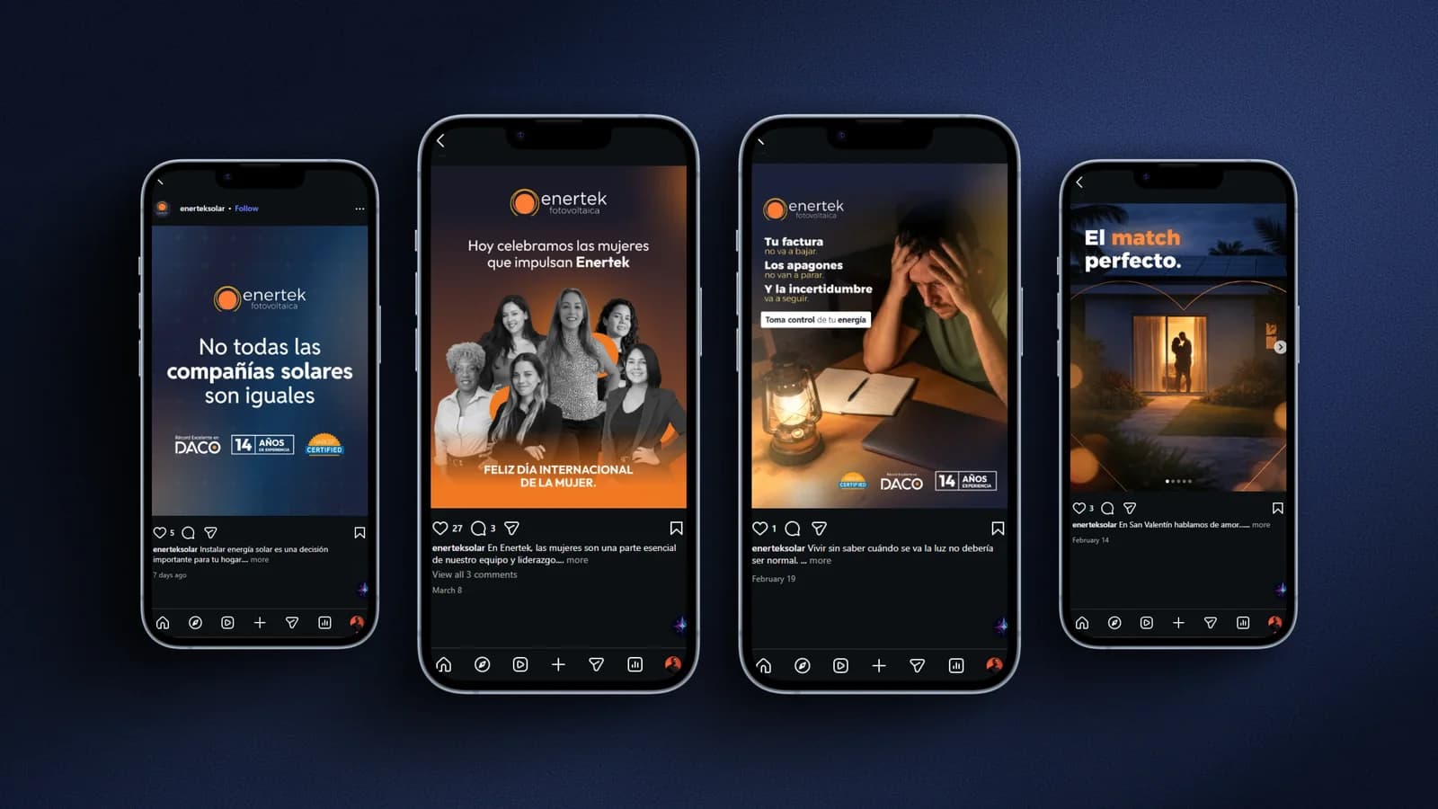 Enertek social stories on four phones