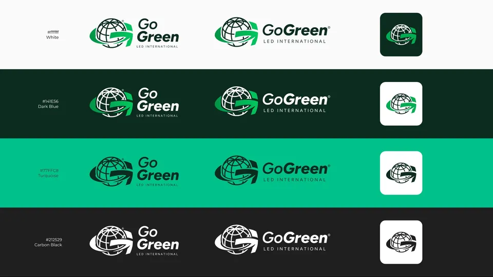 Sistema de logo de GoGreen con versiones horizontales y apiladas sobre cuatro colores de marca