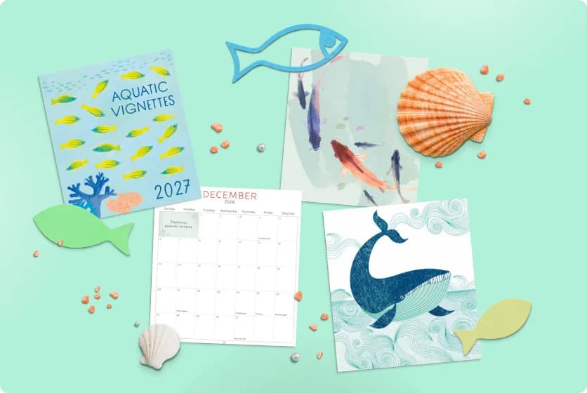 Calendario ilustrado con tema marino para Hallmark, con peces, conchas y una ballena