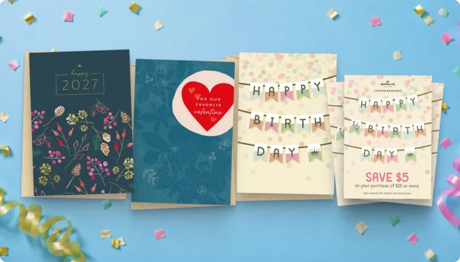 Email de Hallmark Business Connections con tarjetas de felicitación sobre fondo azul