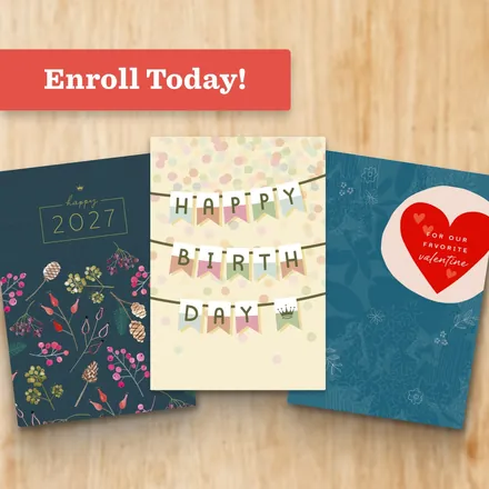 Anuncio de Hallmark Business Connections, “Enroll Today!”, con tres tarjetas de felicitación