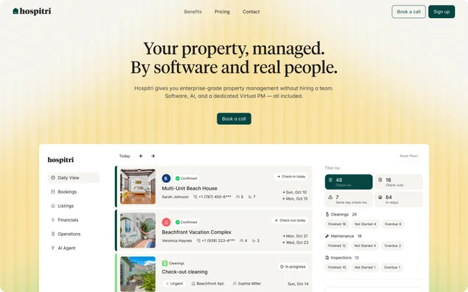 Hospitri homepage, “Your property, managed. By software and real people.”