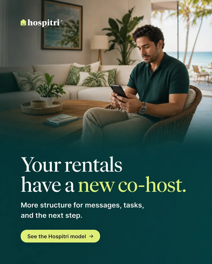 Anuncio de Hospitri, “Your rentals have a new co-host.”, con un anfitrión revisando su teléfono