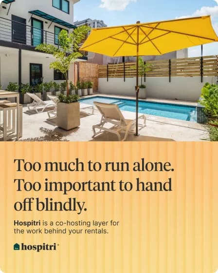 Hospitri ad, “Too much to run alone. Too important to hand off blindly.”, with a pool and a patio umbrella