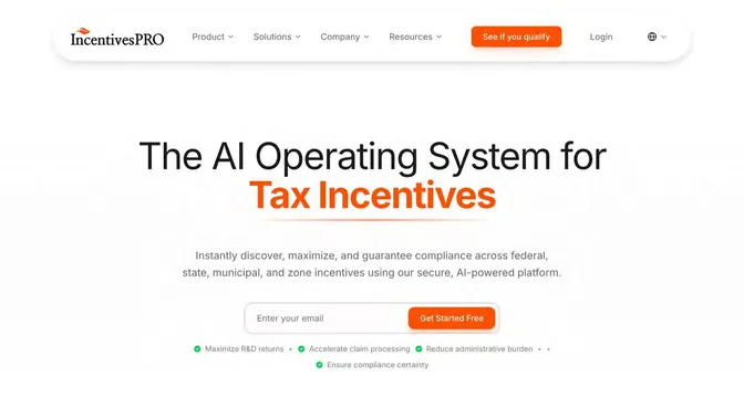 Landing page de IncentivesPRO, “The AI Operating System for Tax Incentives”