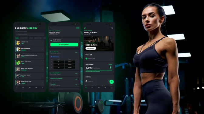 Ponte Fuerte workout app screens next to an athlete