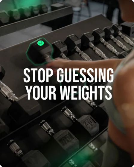 Ponte Fuerte gym ad, “Stop guessing your weights”, over a rack of dumbbells