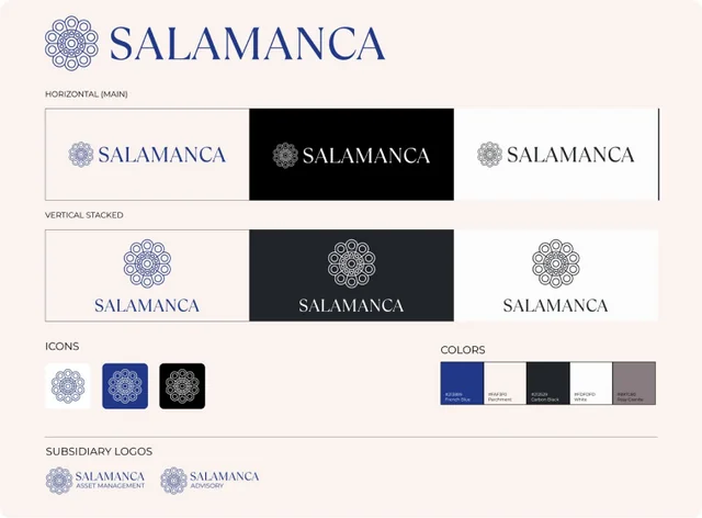 Salamanca brand sheet with logo lockups, icons and colors