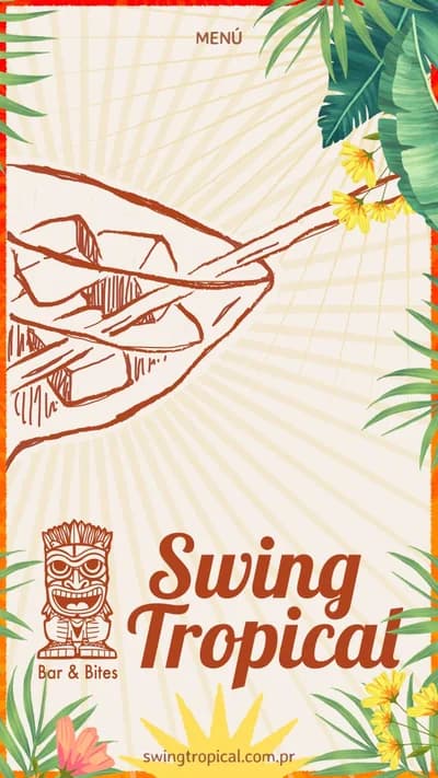 Portada del menú de Swing Tropical con hojas de palma y una ilustración tiki
