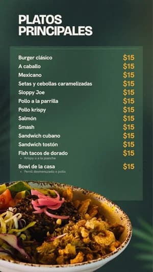 Página del menú de Swing Tropical con platos principales