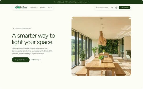Landing page de GoGreen LED International, “A smarter way to light your space.”